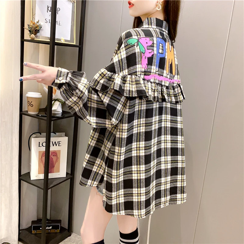

2021 Spring Fashion New Style Plaid Mid-Length Loose Design Lapel Ruffled Long-Sleeved Shirt Women's Top Trendy H034