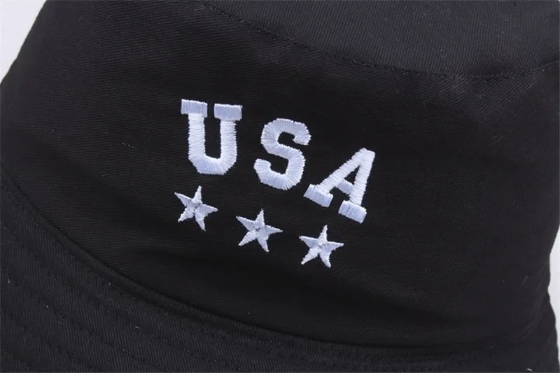 Панама унисекс хлопковая с вышитыми буквами США черная летняя мужская женская