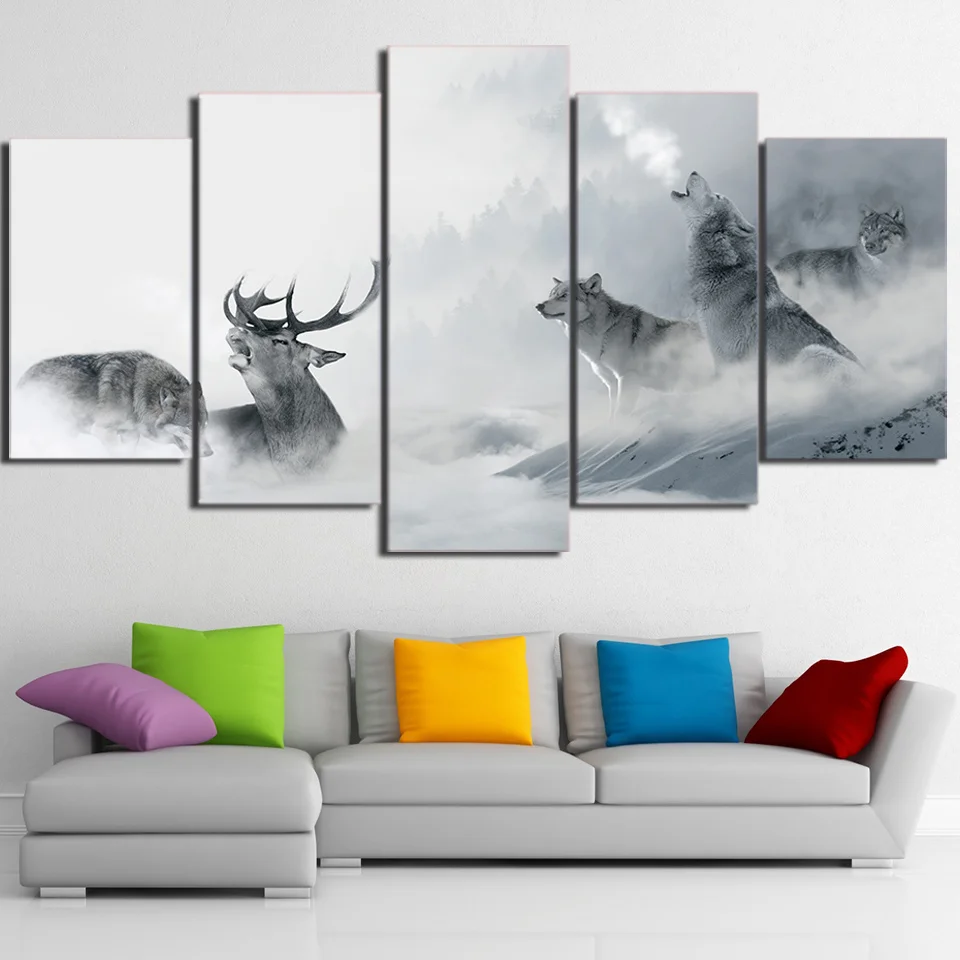 

5 Pieces White Howling Wolfs Group Deer Printed Canvas Painting Living Room Wall Art Animals Pictures No Frames