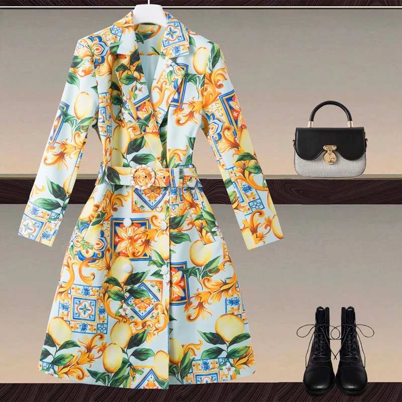 

2021 Autumn New Printed Women's Suit Collar Long-sleeved Double-breasted with Belt Waist Trench Coat for Women