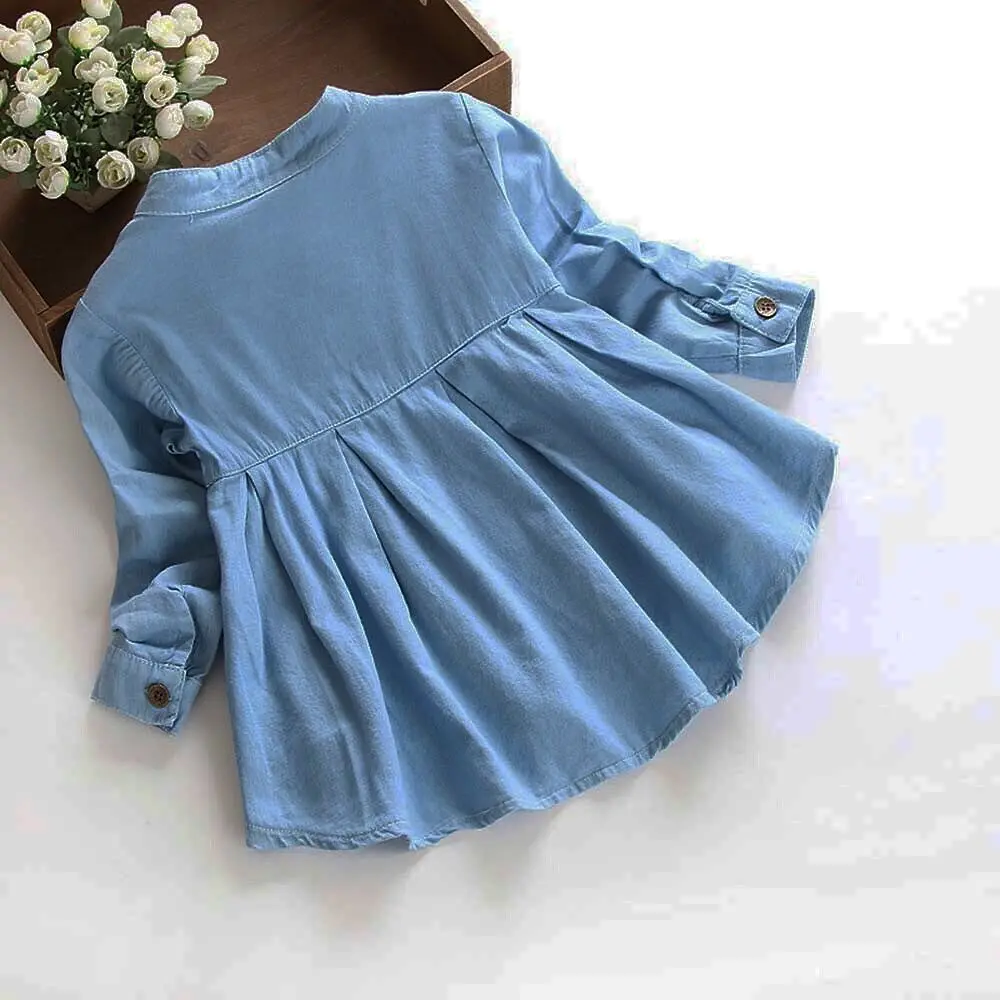 Детская одежда для девочек футболка из денима с рюшами и длинным рукавом