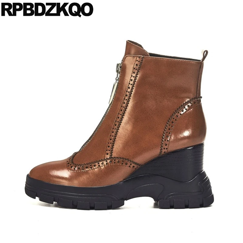 Женские ботильоны на платформе коричневые полусапожки высоком каблуке с круглым