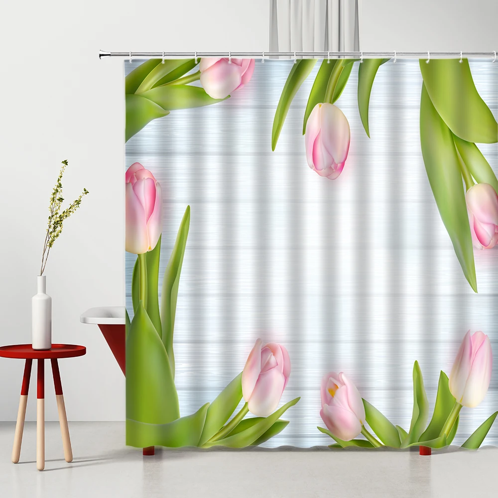 

Flowers Shower Curtain Set Spring Bathroom Decor Waterproof Polyester Fabric Chinese Style Bathtub Decor With Hooks