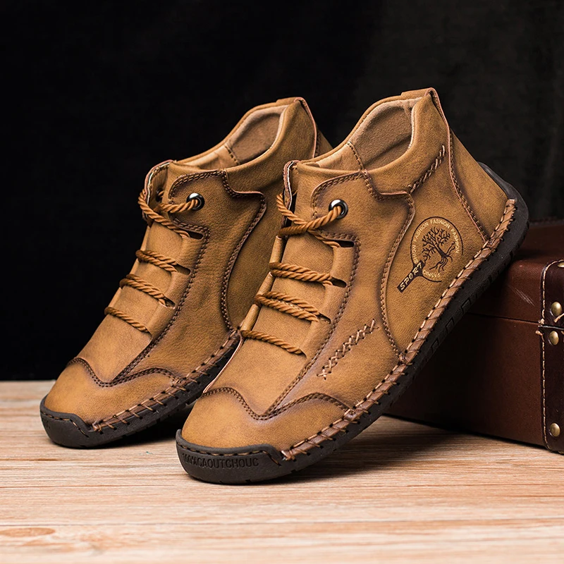 

Autumn Winter Men Ankle Boot PU Leather Boot Lace Up Retro Hand-Sewn Leather Shoes Wedge Round Toe Anti-Skid Classic Martin Boot