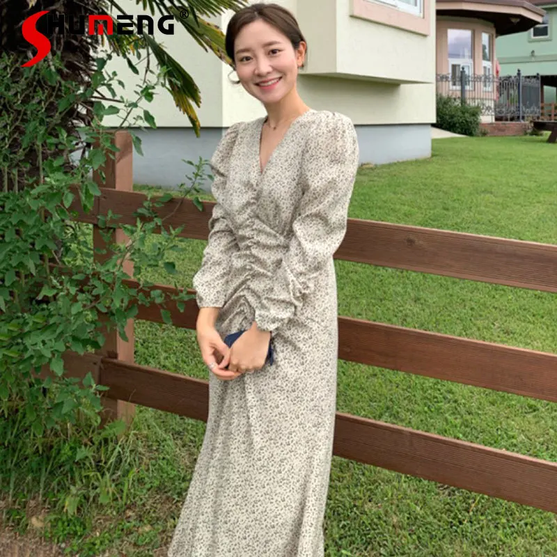 

New Style Puff Sleeve V-neck Floral Midi Dress for Women 2021 Spring Slim Waist Pleating Pullover A Line Dress Office Ladies