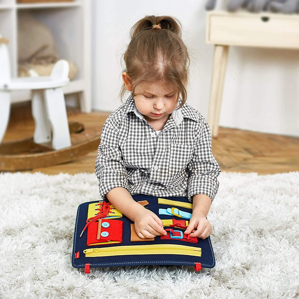 

Toddler Busy Board 9 Different Buckles Learning Portable Dress Educational Learning Educational Eco-Friendly Basic Skills Dress