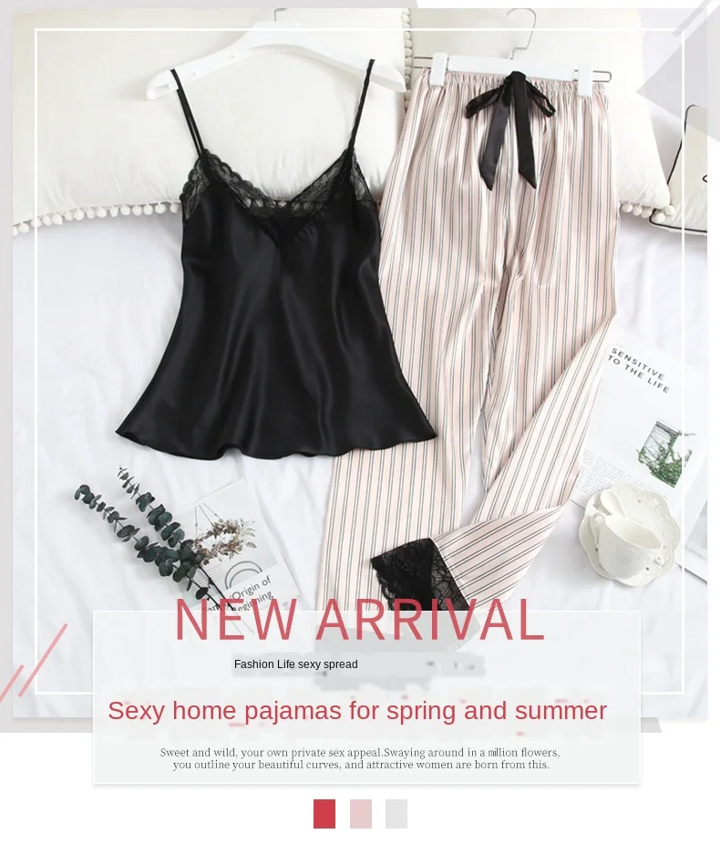 

New Pajamas Women's Sexy V-neck Strap Pants Silk Leisure Set Loose Comfortable Viscose Fiber Suit sleepwera sexy pajamas