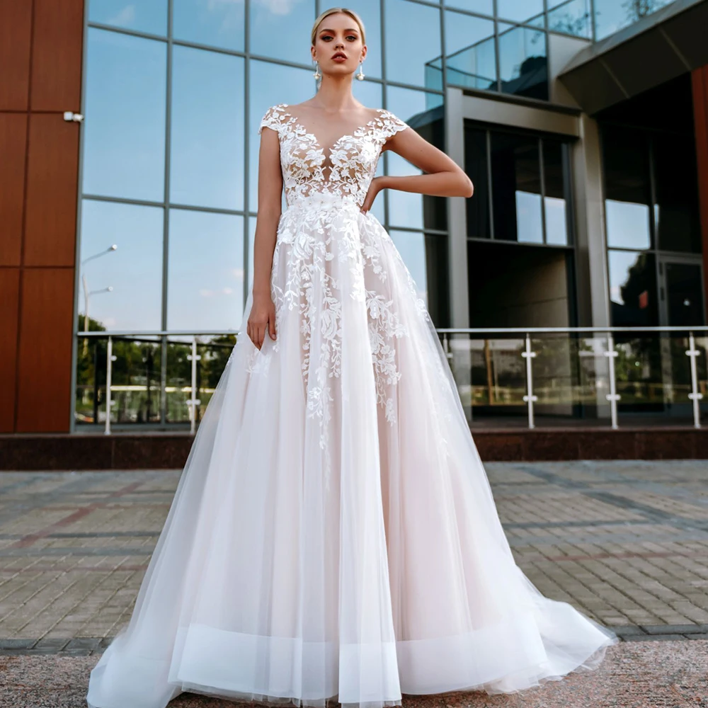 

Weilinsha Elegant Scoop Neck Cap Sleeve A-Line Wedding Dress 2021 Boho Appliques Lace Sweep Train Bridal Gowns