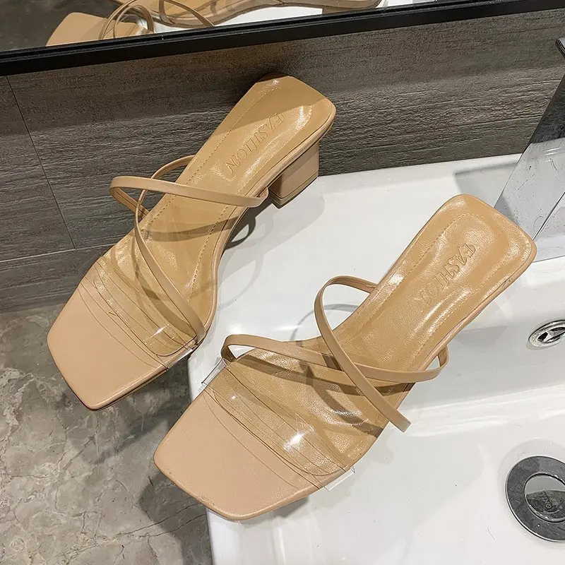 

PVC Slippers Women Summer Women Shoes Fashion Crossed Ribbon Hollow High Heels Square Toe Heel Slides Casual Riband Party Shoes