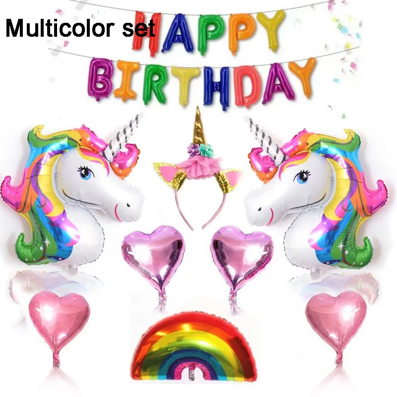 Rainbow Unicorn set Вечерние украшения в виде единорога 3D большие воздушные шары из фольги в виде животного для девочек на день рождения вечерние украшения - Цвет: Rainbow Unicorn set