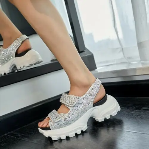 

Womens Fashion Leather Diamante Magic Sticker Platform Sandals Shoes Open Toe C13