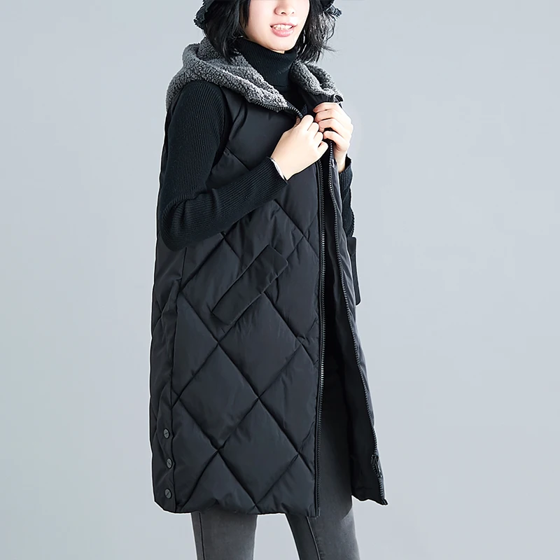 

Women Waistcoat For Winter Hooded Solid Pocket Zipper Long Loose Thicken Warm Lady Female Casual Vest Outwear Tops
