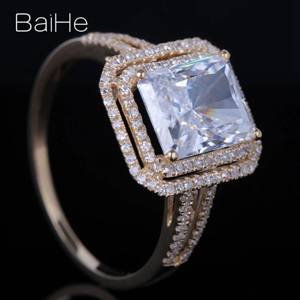BAIHE Твердые 14 к желтое золото 5.9CT сертифицированные, подлинные AAA класс кубического циркония Подушка обручальное кольцо для женщин роскошный модный подарок кольцо