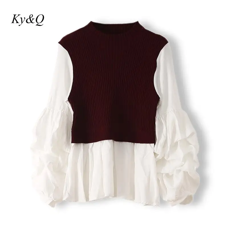 Женский вязаный свитер с оборками облегающий пуловер пышными рукавами и подолом