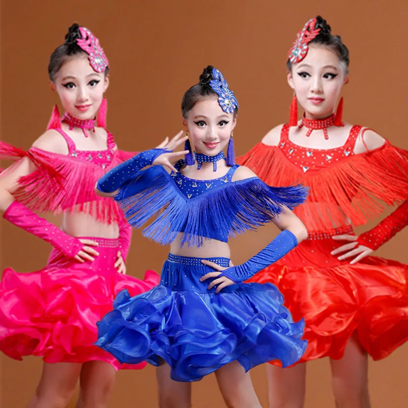 

Girls Latin dance clothes New Children's Summer Costumes Fringe Bright Diamond Children's dance Theatrical costumes