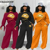 fagadoer mouth love letter print long sleeve one shoulder top and wide leg pants tracksuits women casual sport matching set 2021