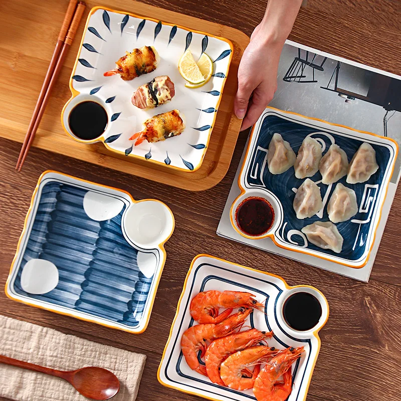 

Japanese Style Multifunctional Tableware Box Plate Ceramic Dumpling Plate Sushi Dipping Moisture Separator Dinner Plates