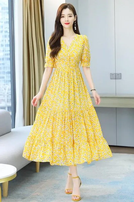 

2021 Little Autumn Chrysanthemum Summer Floral Chiffon Dress Short Sleeve Floral Thinning High Quality Casual Dress Vestidos