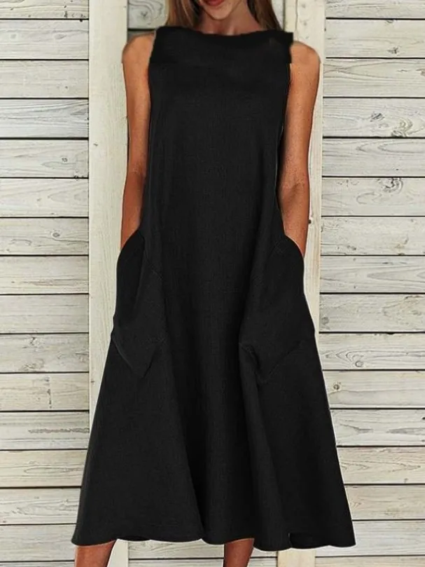 

Round neck sleeveless double pocket dress