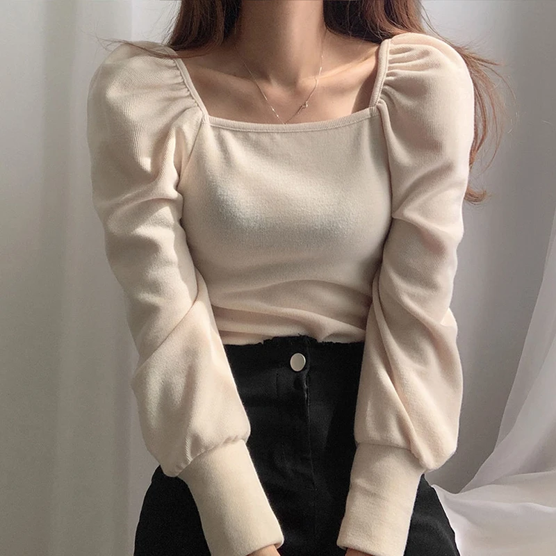Kore bahar kare yaka Slim kabarcık kollu kadife üstleri kısa stil seksi düz renk T-shirt kadın