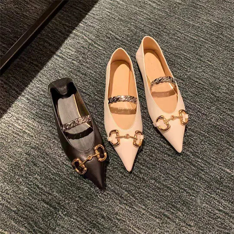 

Golden Horsebit Flat Shoes Pointed Toe Shallow Silver Chain Design Fashion Wear Leather Handmade Ballet Flat Shoes Women's Shoes