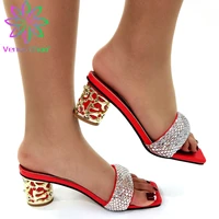 dew nigerian comfortable heels women shoes with shinning crystal in red color design african ladies shoes for garden