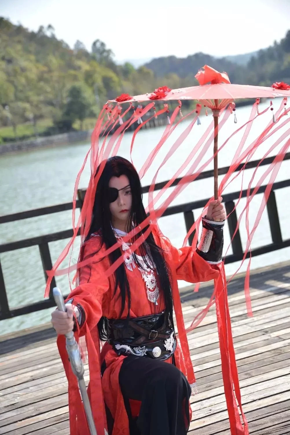 

Anime Hua cheng Tian Guan Ci Fu Desperate ghost king Hua cheng Cosplay Black Long Cosplay Costmes with cloak Shoes all set