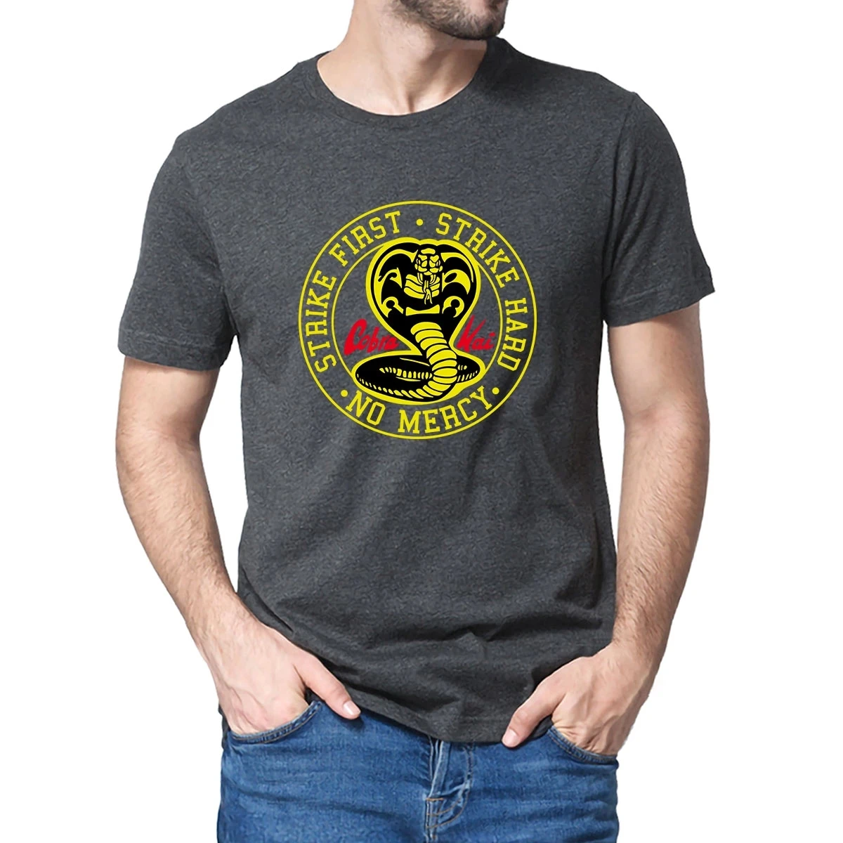 

Unisex 100% Cobra Kai No mercy attack hard first. 80s Karate Boy Men Movie Women's Gift T-Shirt
