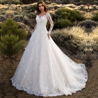 traugel scoop a line lace wedding dresses applique long sleeve backless bride dress court train bridal gown plus size