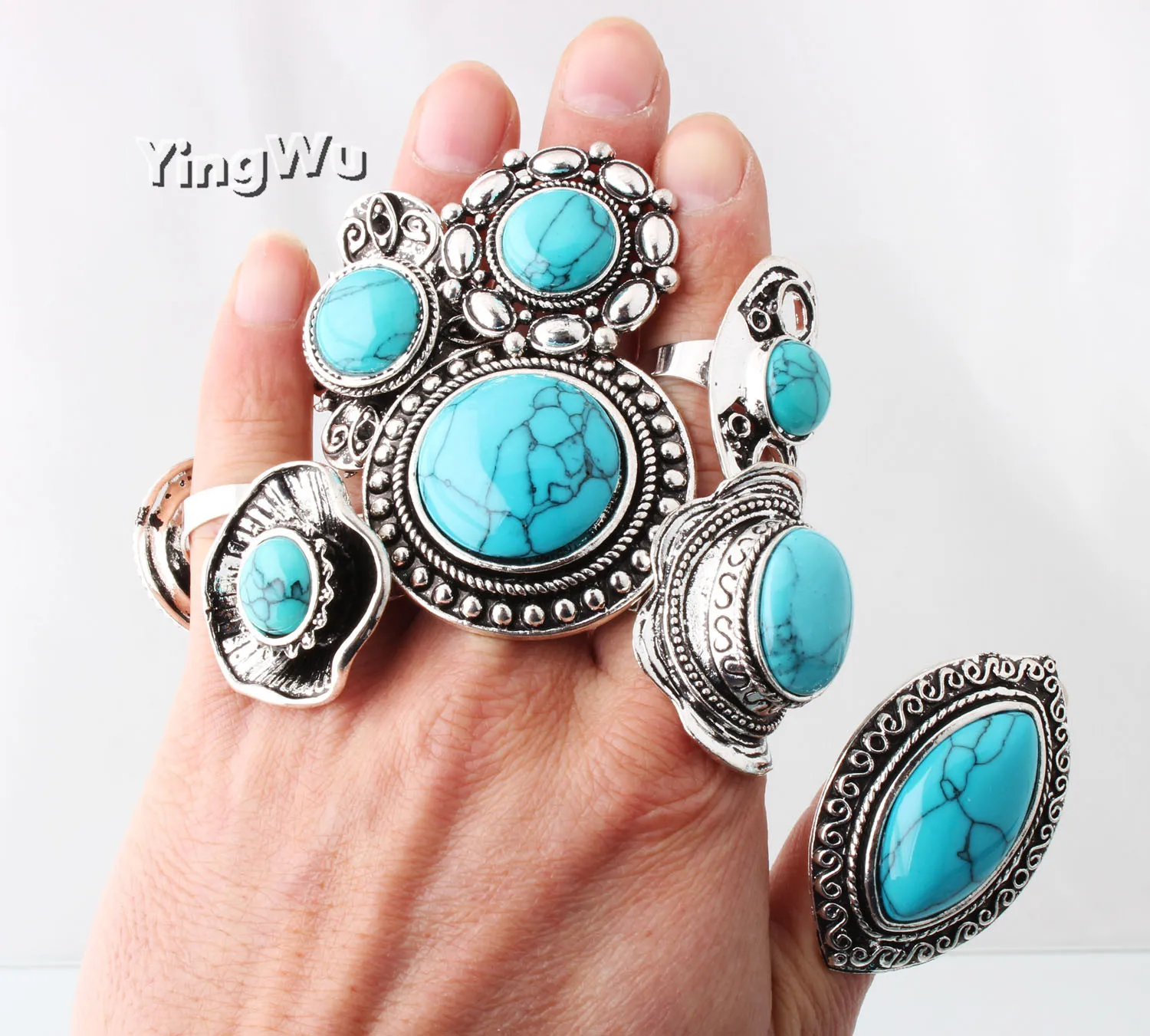 

Yingwu тибетские синие бирюзовые кольца ручной работы серебряные регулируемые размеры перстень из драгоценного камня 20 шт.
