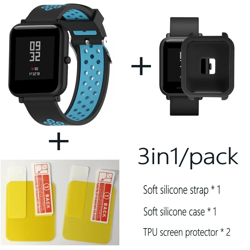 Black blue-Black 3в1 Для Xiao mi Hua mi Amazfit Bit ремешок BIP PACE Lite Молодежные умные часы mi Fit braceket+ силиконовые полосы+ мягкий чехол+ 2 пленки для экрана - Цвет: Black blue-Black