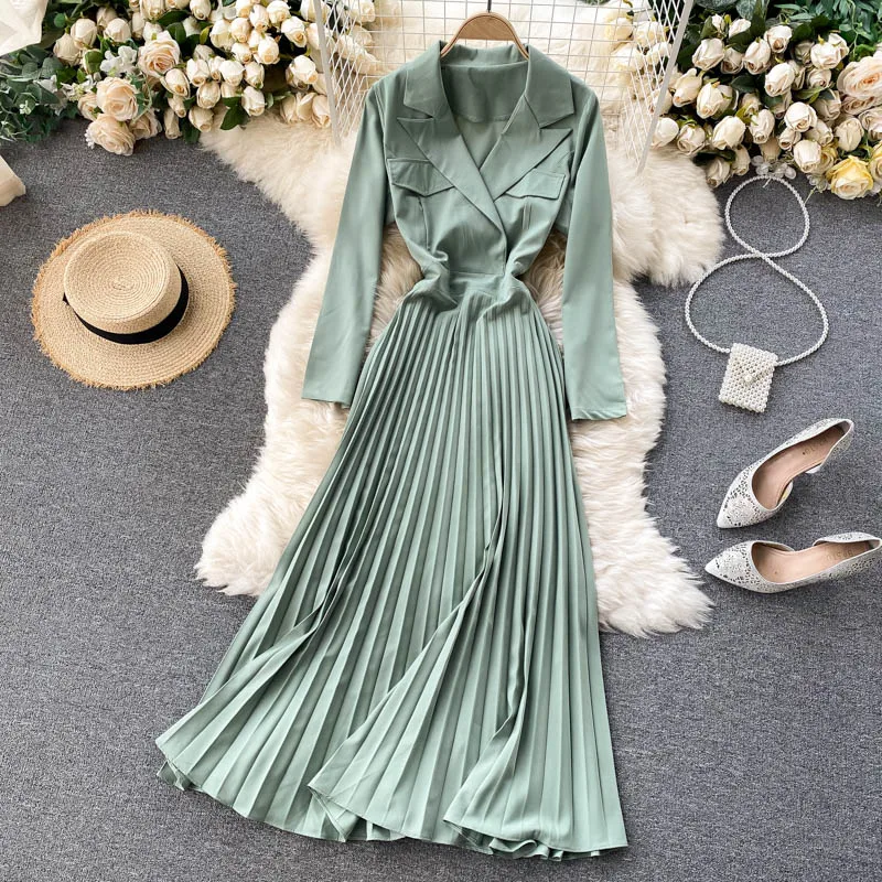 

Spring And Summer Women's Pleated Dress Elegant Lady V-Neck Green Long-Sleeved Commuter Suit Collar Vintage Dress Femme Robe
