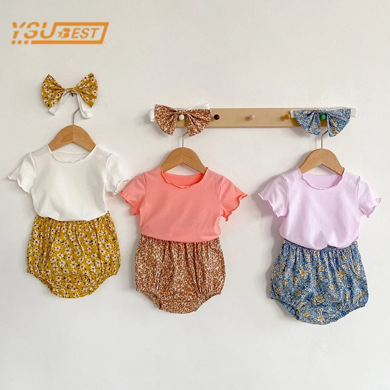 

Infant Kids Baby Girls Short Sleeve Pure Color T-shirt + Shorts + Hair Band 3Pcs Clothing Sets Newborn Kids Girl Suits Clothes