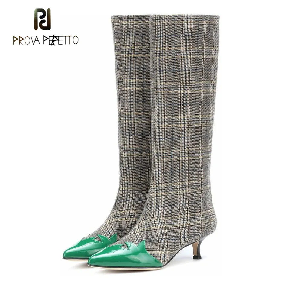 Prova Perfetto новые клетчатые лоскутные Сапоги до колена с зелеными листьями женские