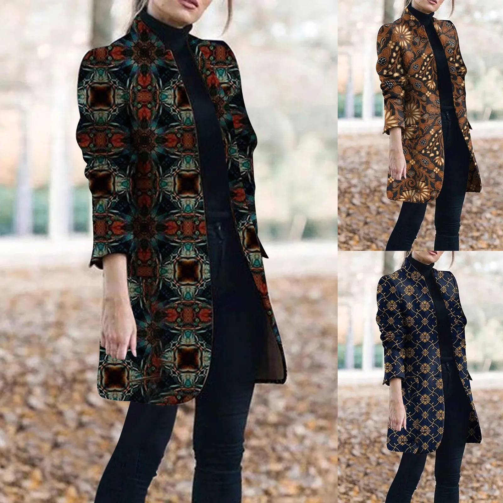 

Women's Vintage Occident Print Slender Banquet Outwear Winter Lapel Slim Elegant Overcoat Fashion Woolen Jackets