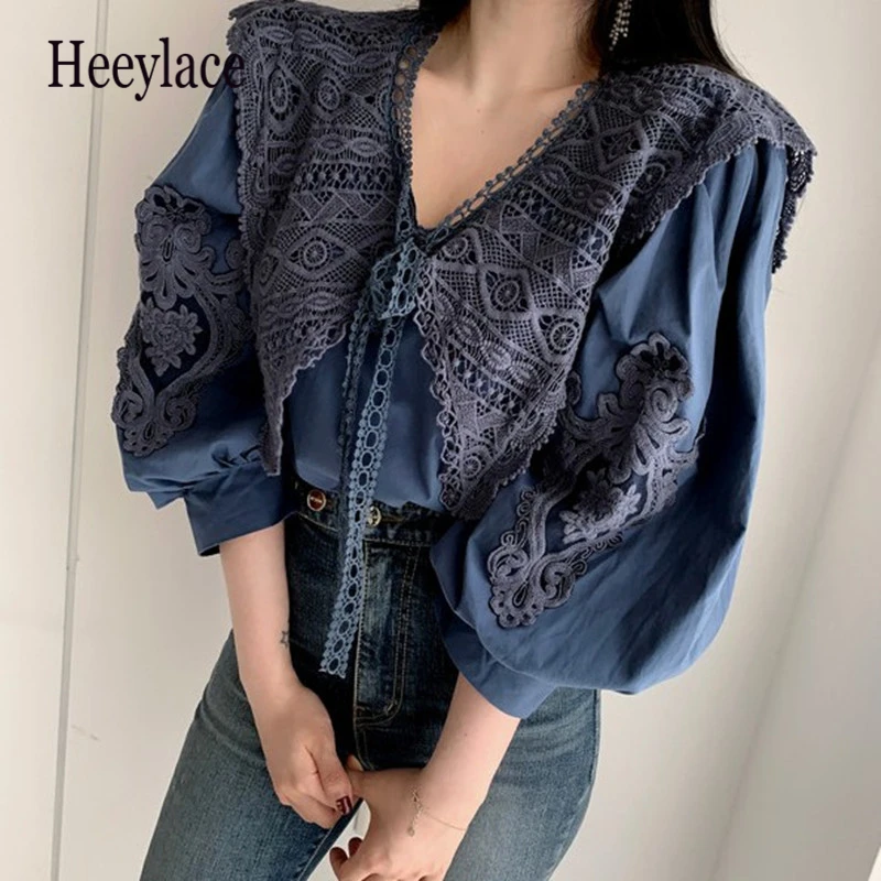 Женская кружевная блузка с отложным воротником Элегантная длинным рукавом и