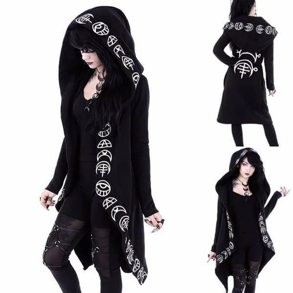 

Women Coat 2021 New Black Blouse Long Sleeve Punk Moon Print Hooded Black Cardigan Jacket Coat Plus Size Пуховик Женский