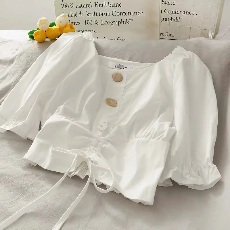 Летняя дизайнерская короткая рубашка с поясом на талии женская пузырьковым