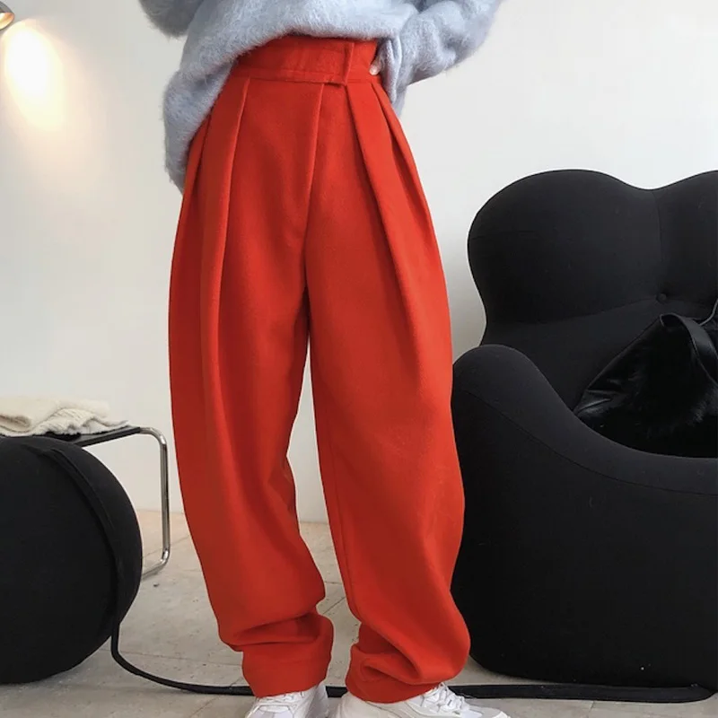 

Осенне-зимние женские брюки, повседневные однотонные брюки с высокой талией и широкими штанинами