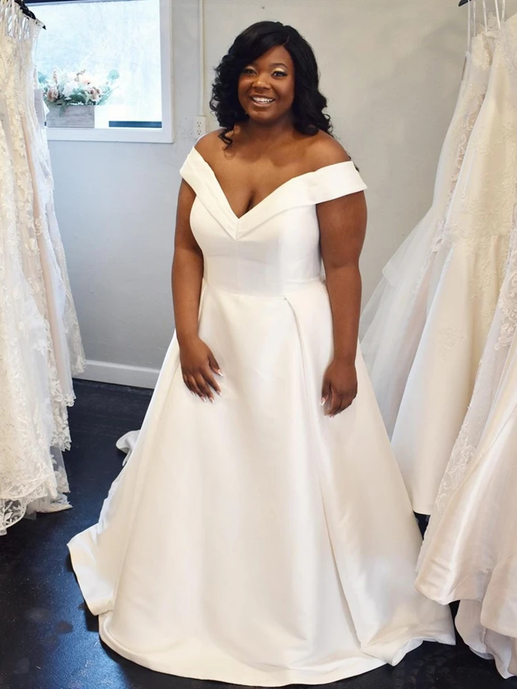 

Plus Size Satin Wedding Dresses Off Shoulder Cap Sleeve Bow Sash A Line Sweep Trail Vestido De Novia Bridal Gowns Customized
