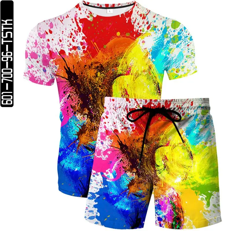 

2021 new digital printing color inkjet men's and women's fashion casual 3DT shirt beach pants shorts two-piece suit trend