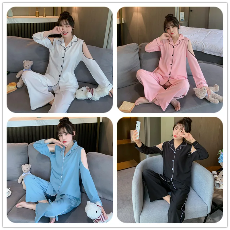 

Ice Silk Chiffon Pajamas Women Autumn Fashion Sexy Off-shoulder Design Simple Home Service Long-sleeved Trousers Loose Pajamas