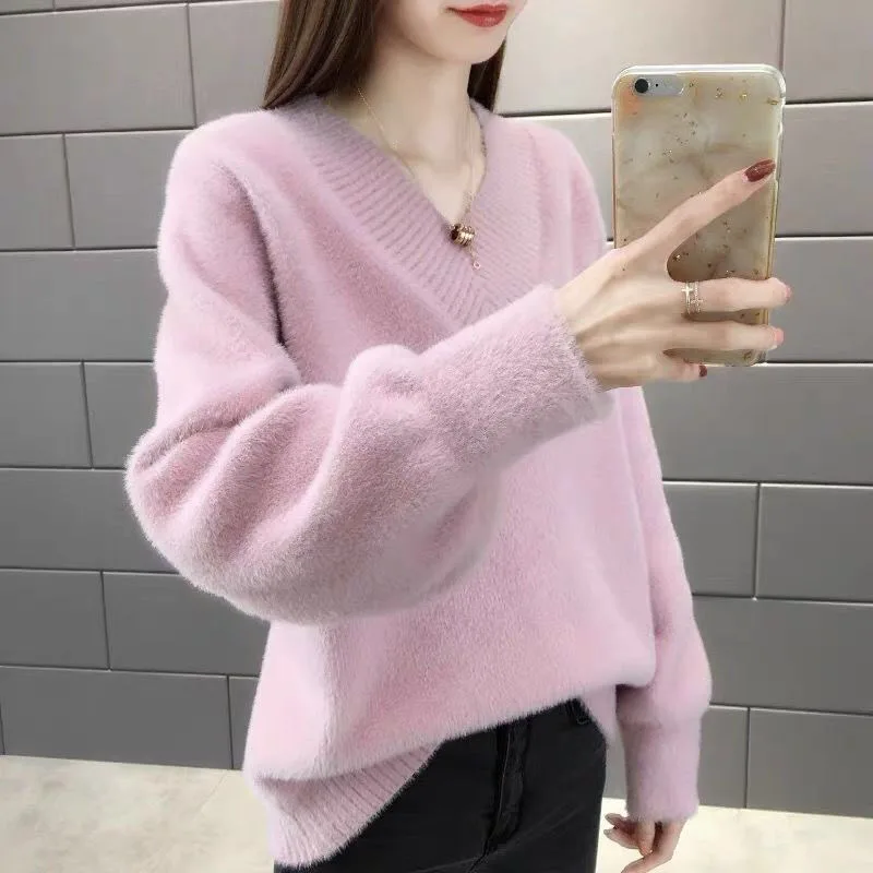 Enlarge Pink Sweater Women Winter Sexy V-neck Long Sleeve Pullovers Big Size Oversized Knitted Sweaters Thicken Warm Tops White Khaki
