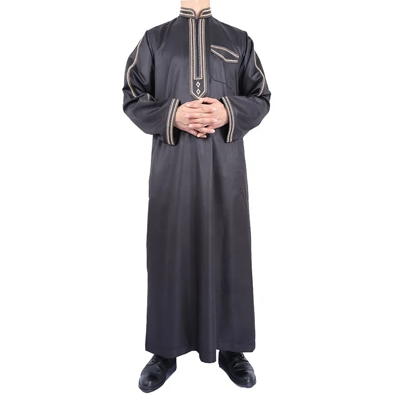 

Men Zipper Qatar Muslim Moroccan Nigerian Style Black Long-Sleeved Stand-Up Collar Plus Size Islamic Arabian Robe Worship Robe
