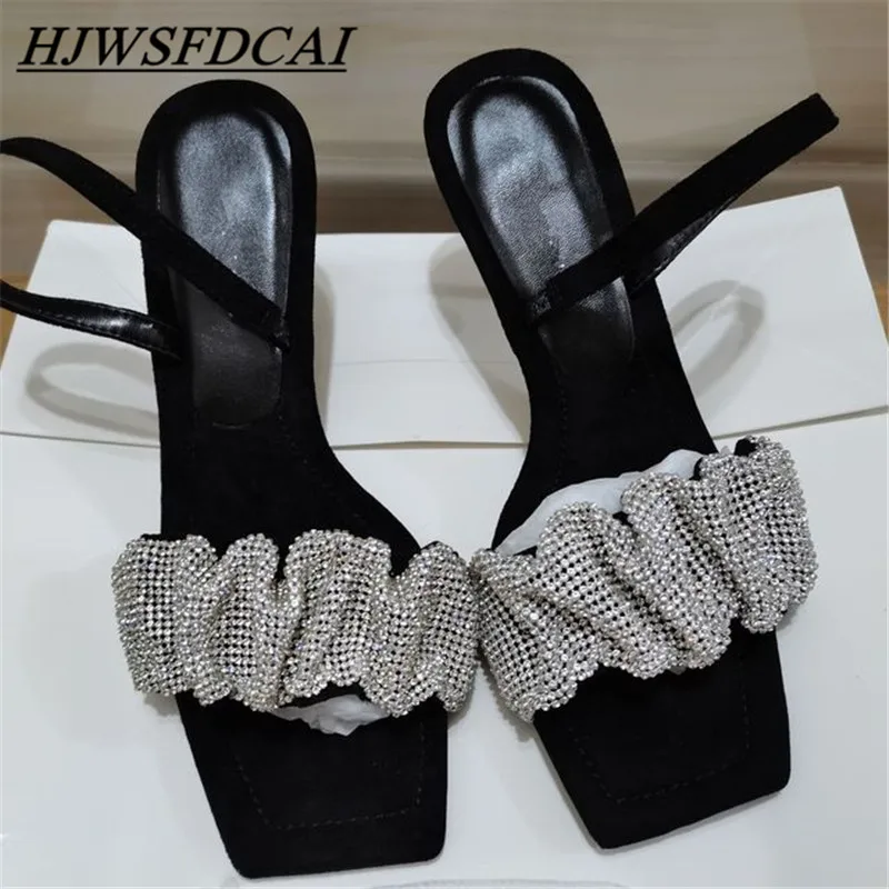 

Hjwsfdcai Women's Shoes Crystal Heels Square Toe Rhinestone Sandals Hollow Stiletto Summer Ladies Slippers Party Wedding Shoes