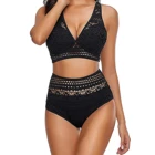 Женский купальник 2021, кружевной купальник с высокой талией, Женский однотонный соблазнительный черный комплект бикини, Раздельный купальный костюм из двух предметов
