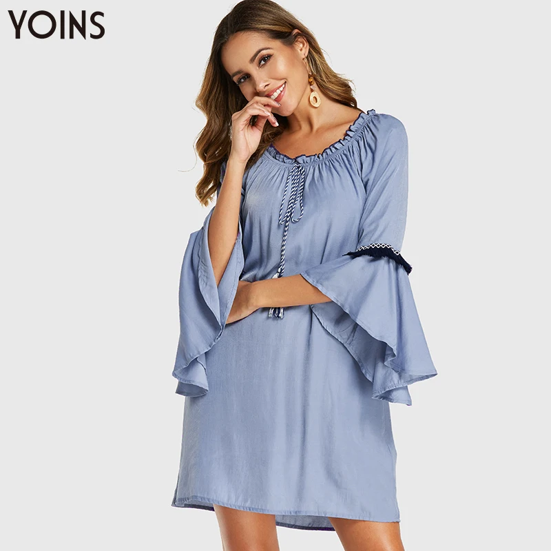 YONIS 2019 Платье женское вязаное кружево украшенное круглый вырез галстук ап