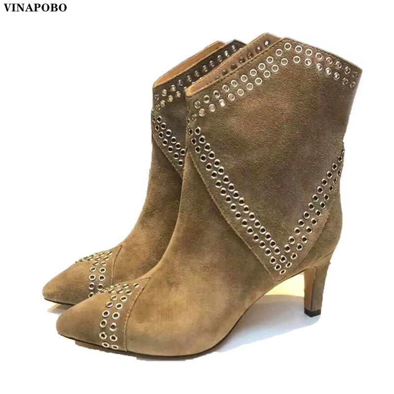 

New Suede Studded High Heels Cowgirl Boots Women Runway Slip-on Pointy Toe Chelsea Boots Rivets Real Leather Runway Boots Woman