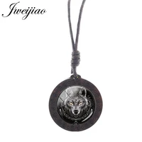jweijiao wolf dog picture rope chains wooden necklace round glass pendant classic punk jewelry for boys birthday gifts d1403