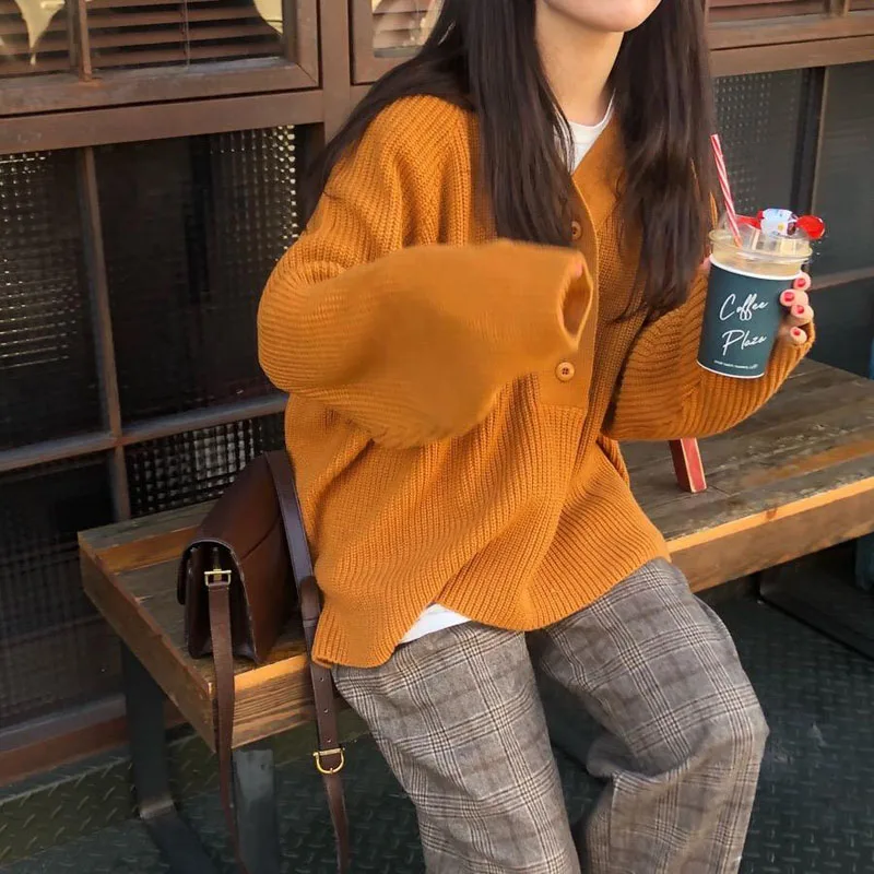 Женский пуловер с длинным рукавом свитер в стиле ретро Однотонный V-образным